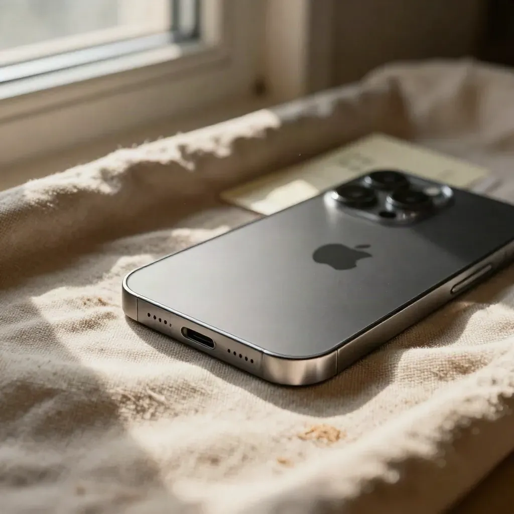Dark graphite iPhone half-buried in oatmeal linen, lit by soft window light.