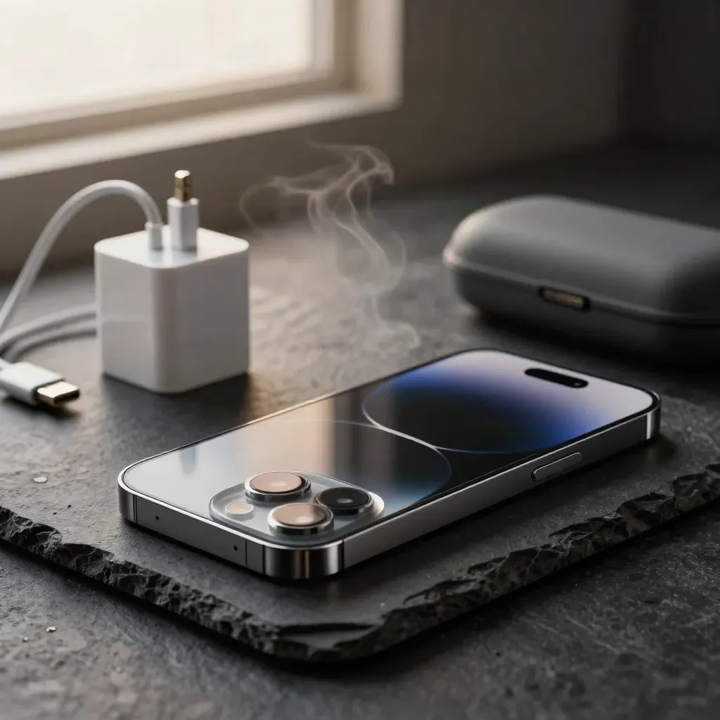 Graphite iPhone 14 Pro with charger, cable and case on a dark studio surface.